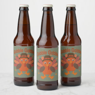 Cute Thanksgiving Turkey Cartoon – “Gobble Gobble” Beer Bottle Label