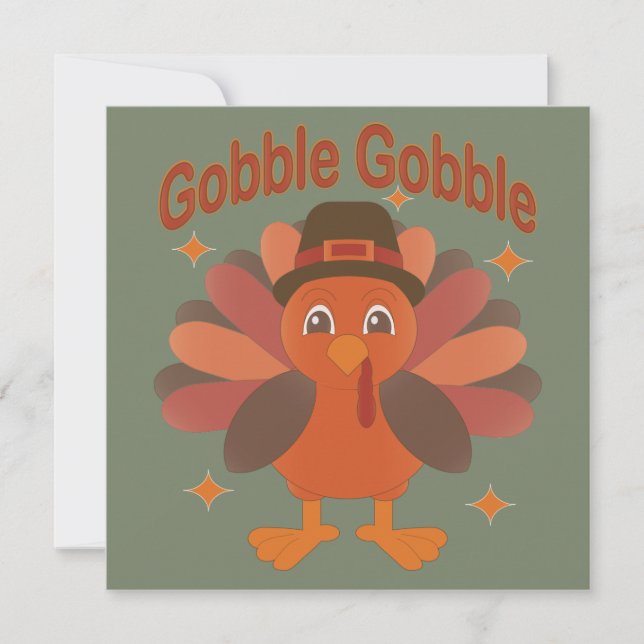 Cute Thanksgiving Turkey Cartoon – “Gobble Gobble” Invitation (Front)