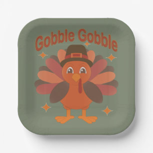 Cute Thanksgiving Turkey Cartoon – “Gobble Gobble” Paper Plate