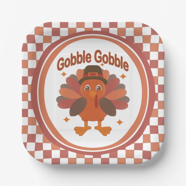 Cute Thanksgiving Turkey Cartoon – “Gobble Gobble” Paper Plate (Front)