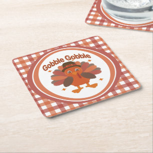Cute Thanksgiving Turkey Cartoon – “Gobble Gobble” Square Paper Coaster