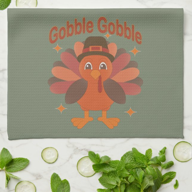 Cute Thanksgiving Turkey Cartoon – “Gobble Gobble” Tea Towel (Folded)