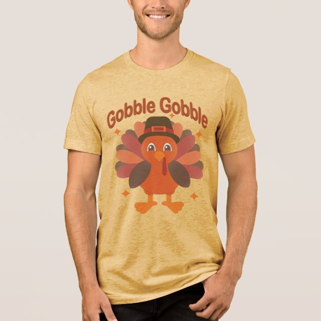 Cute Thanksgiving Turkey Cartoon – “Gobble Gobble” Tri-Blend Shirt (Front)