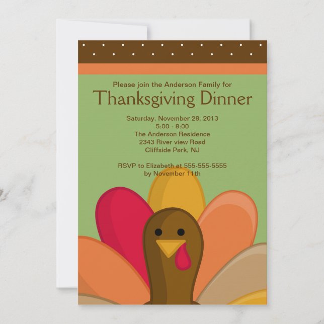 Cute Thanksgiving Turkey Dinner Party Invitation (Front)