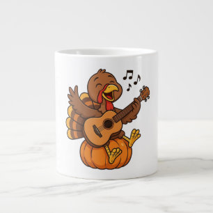 Cute Thanksgiving turkey with guitar Large Coffee Mug