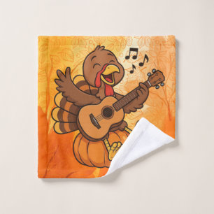 Cute Thanksgiving turkey with guitar Wash Cloth