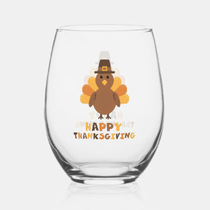 Cute Thanksgiving Turkey yellow Stemless Wine Glass