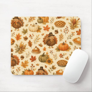 Cute Thanksgiving Watercolor Pattern with Turkeys Mouse Mat