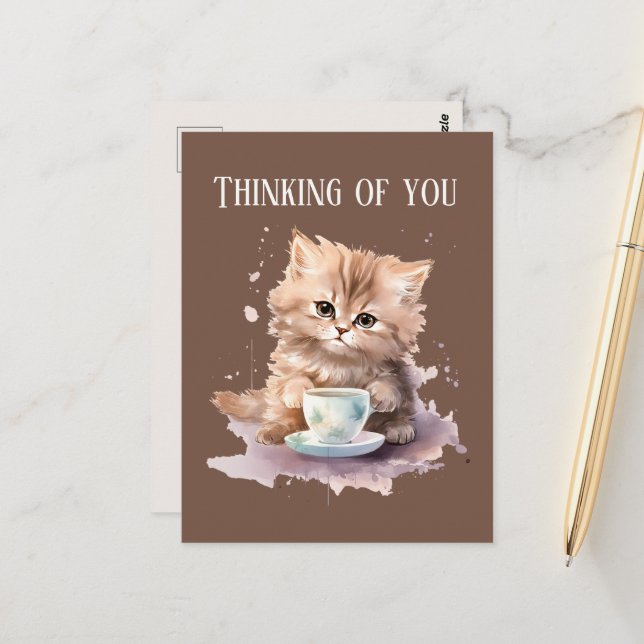 Cute Thinking of you coffee cat Postcard (Front/Back In Situ)