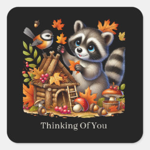 cute thinking of you customisable racoon Fall Square Sticker
