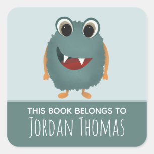 Cute 'This Book Belongs' Blue Monster Bookplate Square Sticker