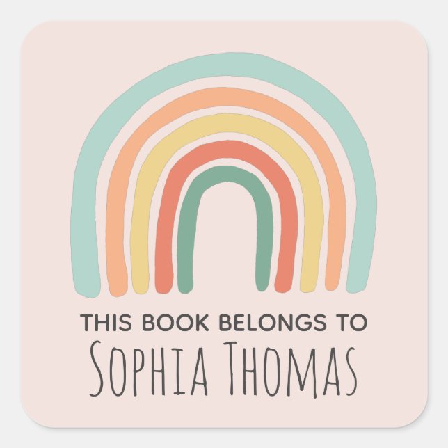 Cute 'This Book Belongs' Boho Rainbow Bookplate Square Sticker (Front)