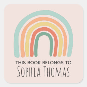 Cute 'This Book Belongs' Boho Rainbow Bookplate Square Sticker