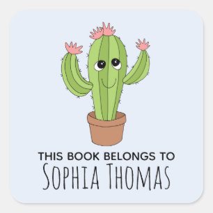Cute 'This Book Belongs' Cactus Kids Bookplate Square Sticker