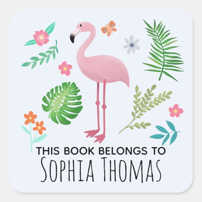 Cute 'This Book Belongs' Flamingo Kids Bookplate Square Sticker (Front)