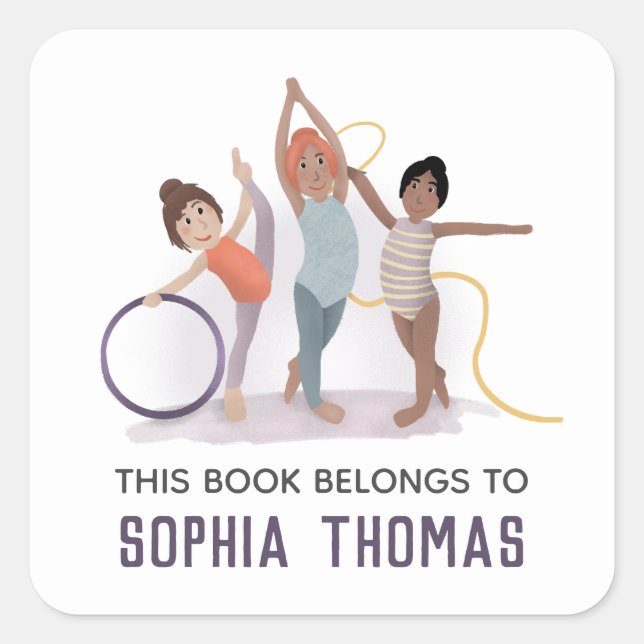 Cute 'This Book Belongs' Gymnastics Kids Bookplate Square Sticker (Front)