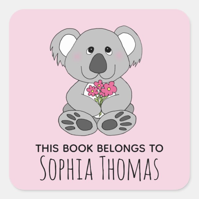 Cute 'This Book Belongs' Koala Name Kids Bookplate Square Sticker (Front)
