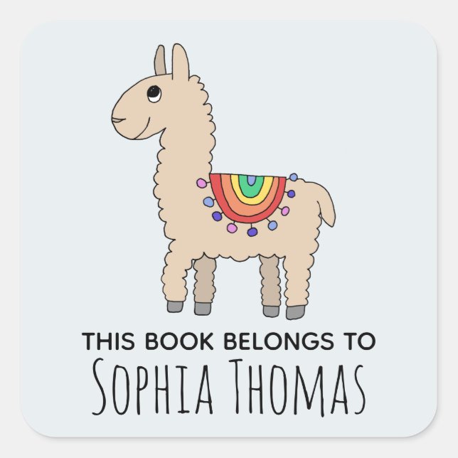 Cute 'This Book Belongs' Llama Name Kids Bookplate Square Sticker (Front)
