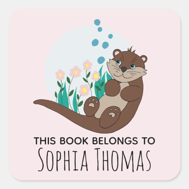 Cute 'This Book Belongs' Otter Name Kids Bookplate Square Sticker (Front)