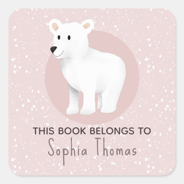 Cute 'This Book Belongs' Polar Bear Kids Bookplate Square Sticker (Front)