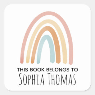 Cute 'This Book Belongs' Rainbow Kids Bookplate Square Sticker
