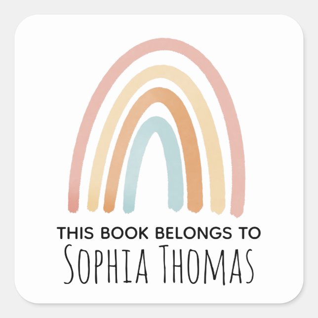Cute 'This Book Belongs' Rainbow Kids Bookplate Square Sticker (Front)