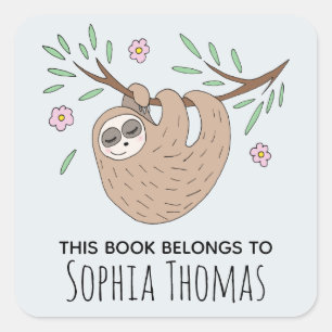 Cute 'This Book Belongs' Sloth Name Kids Bookplate Square Sticker