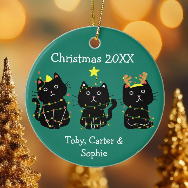 Cute Three Cat Christmas Lights Custom Names Green Ceramic Tree Decoration (Creator Uploaded)