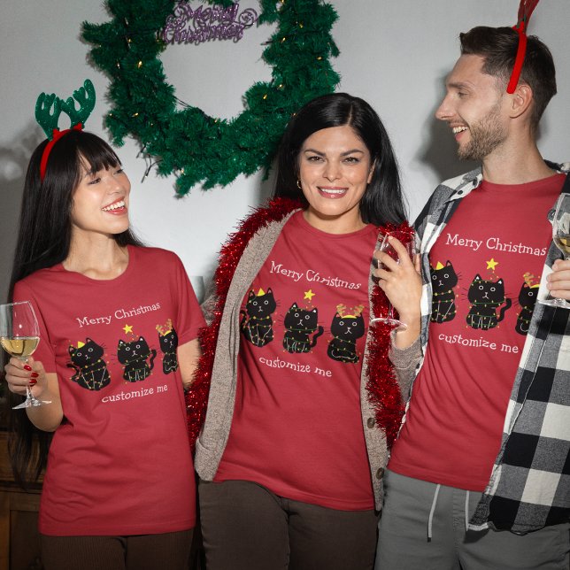 Cute Three Cat Christmas Lights Custom Red Holiday T-Shirt (Creator Uploaded)