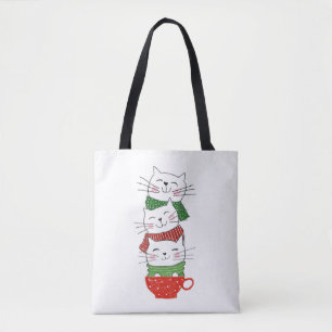 Cute Three Cats Cup Scarves Holiday Funny Tote Bag