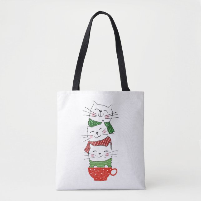Cute Three Cats Cup Scarves Holiday Funny Tote Bag (Front)