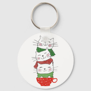 Cute Three Cats Stacked Cup Holiday Scarves Funny Key Ring