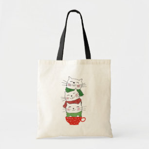 Cute Three Cats Stacked Cup Holiday Scarves Funny Tote Bag