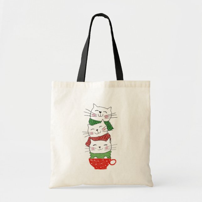 Cute Three Cats Stacked Cup Holiday Scarves Funny Tote Bag (Front)
