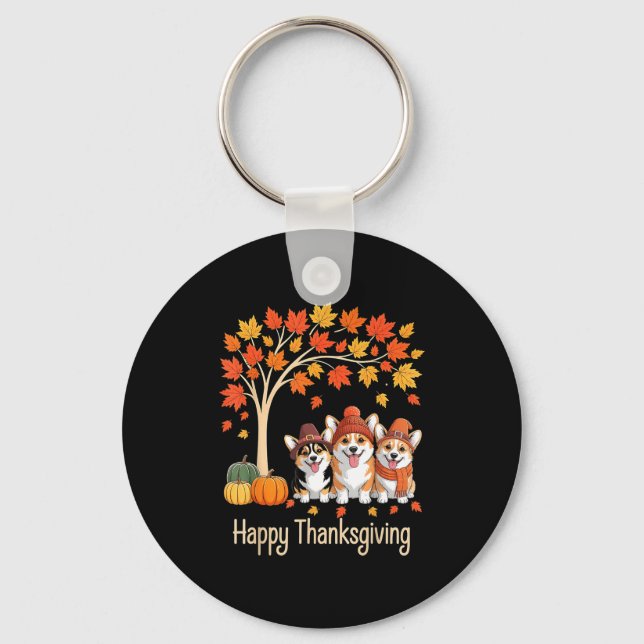 Cute Three Corgi Dogs Pumpkins Fall Tree Happy Tha Key Ring (Front)