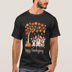 Cute Three Corgi Dogs Pumpkins Fall Tree Happy Tha T-Shirt