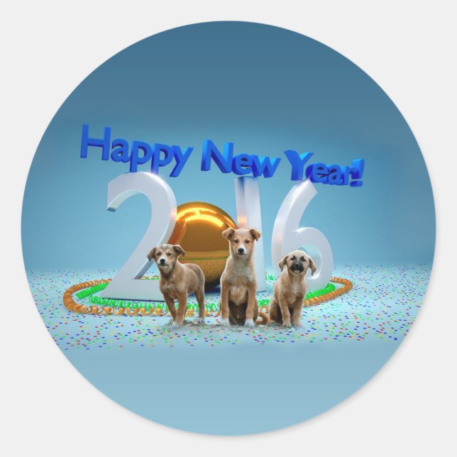 Cute Three Dogs Wishing Happy New Year 2016 Classic Round Sticker (Front)