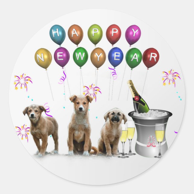 Cute Three Dogs Wishing Happy New Year 2016 Classic Round Sticker (Front)