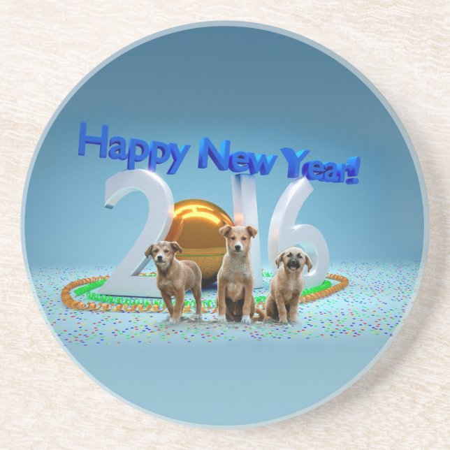 Cute Three Dogs Wishing Happy New Year 2016 Coaster (Front)
