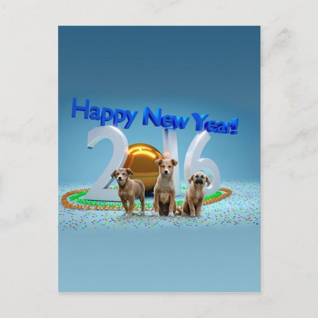 Cute Three Dogs Wishing Happy New Year 2016 Holiday Postcard (Front)