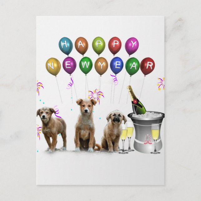 Cute Three Dogs Wishing Happy New Year 2016 Holiday Postcard (Front)