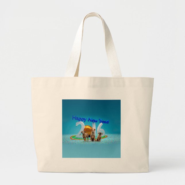 Cute Three Dogs Wishing Happy New Year 2016 Large Tote Bag (Front)
