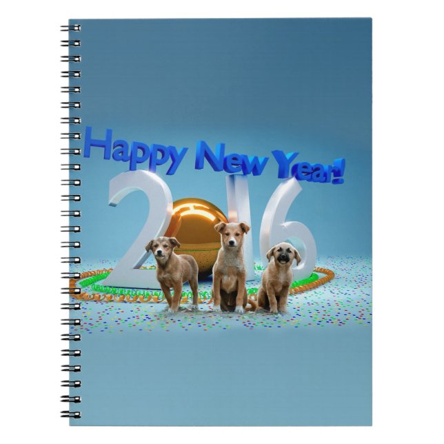 Cute Three Dogs Wishing Happy New Year 2016 Notebook (Front)