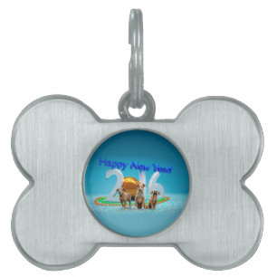 Cute Three Dogs Wishing Happy New Year 2016 Pet ID Tag