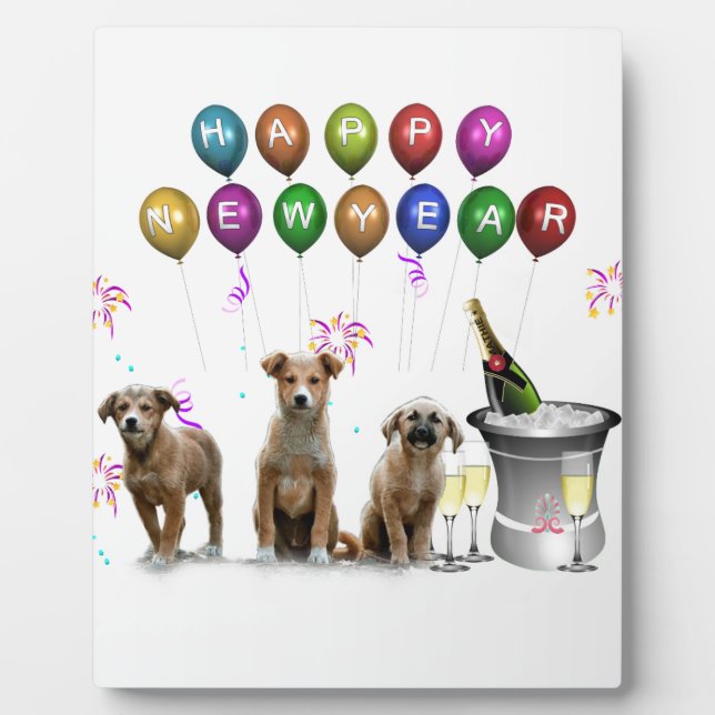 Cute Three Dogs Wishing Happy New Year 2016 Plaque (Front)