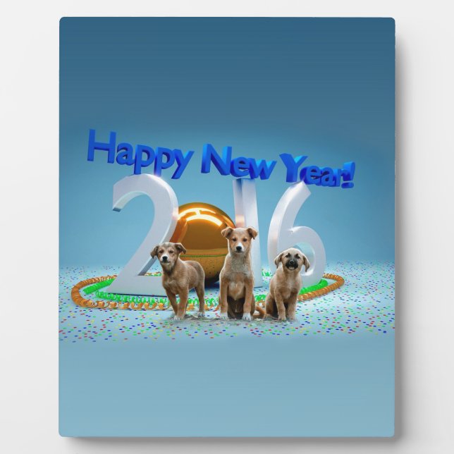 Cute Three Dogs Wishing Happy New Year 2016 Plaque (Front)