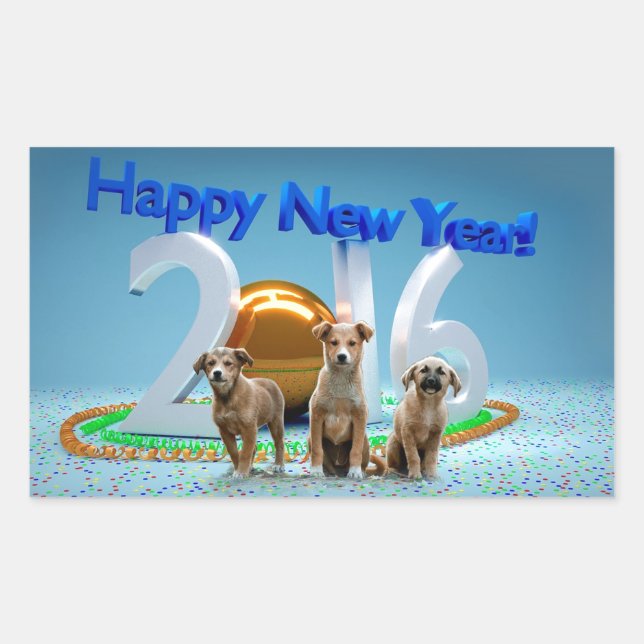Cute Three Dogs Wishing Happy New Year 2016 Rectangular Sticker (Front)
