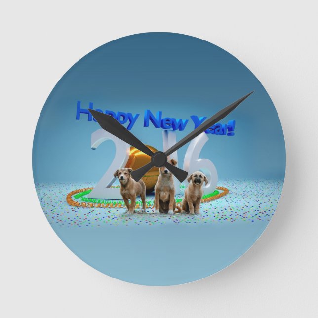Cute Three Dogs Wishing Happy New Year 2016 Round Clock (Front)
