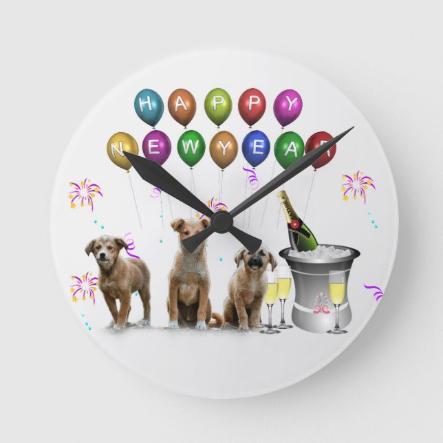 Cute Three Dogs Wishing Happy New Year 2016 Round Clock (Front)