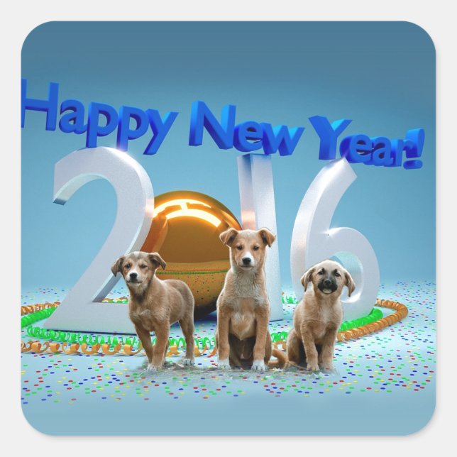Cute Three Dogs Wishing Happy New Year 2016 Square Sticker (Front)